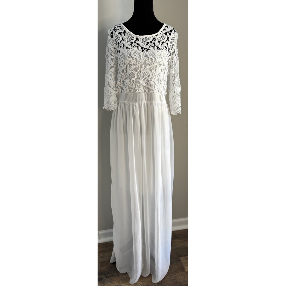 White Lace Maxi Dress with Sheer Skirt and Three-Quarter Sleeves